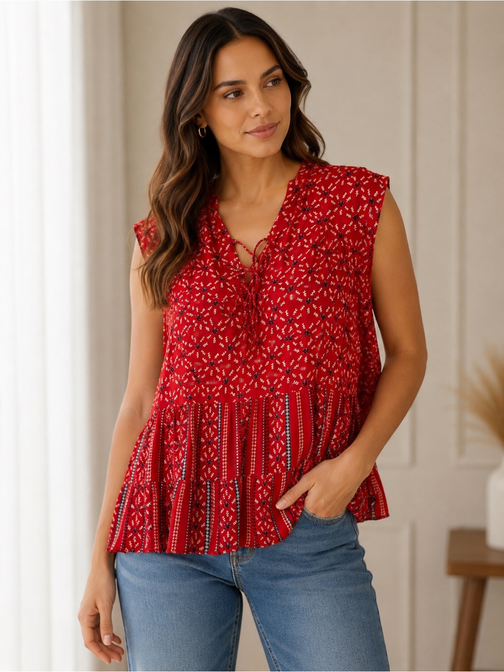 Style & Co. Red Printed Sleeveless Peplum Tie-Front Blouse - XL